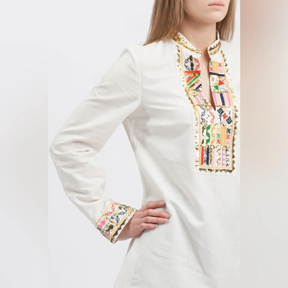 NWT $450 Tory Burch Embellished Linen-blend Tunic Blouse